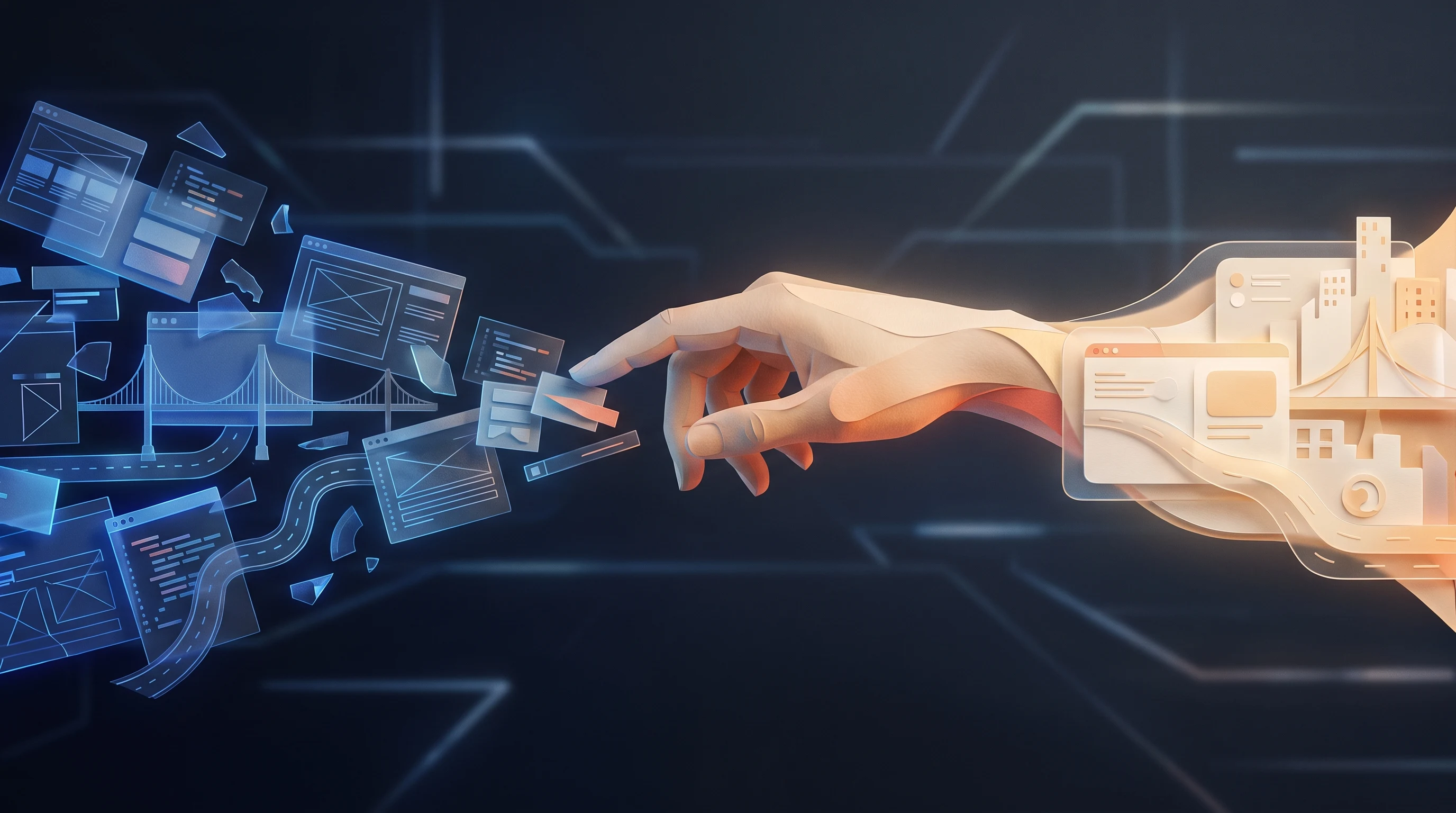 A human hand shaping scattered digital interfaces, code, roads, and bridges into a coherent designed experience